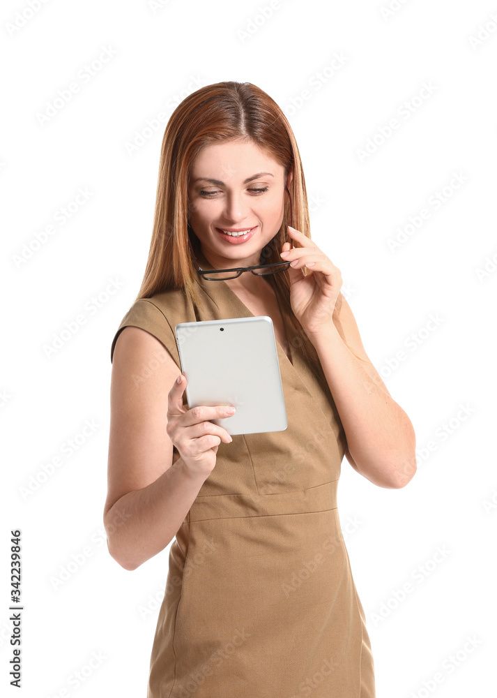 Portrait of beautiful young businesswoman with tablet computer on white background Portrait of beautiful young businesswoman with tablet computer on white background
