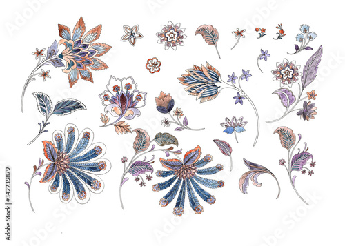 Floral decoration curl illustration. Paisley print hand drawn elements set. Watercolor indigo color. 