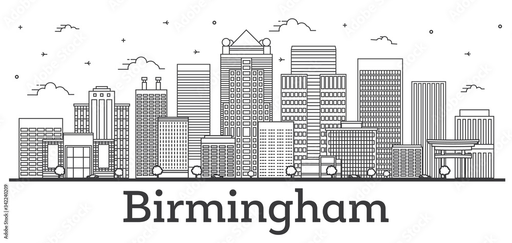 Obraz premium Outline Birmingham Alabama City Skyline with Modern Buildings Isolated on White.