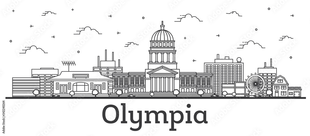 Outline Olympia Washington City Skyline with Modern Buildings Isolated on White.