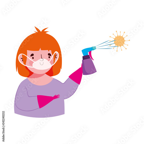 covid 19 coronavirus, boy with mask and disinfectant spray