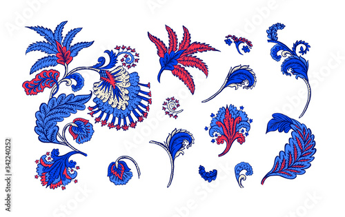 Floral decoration curl illustration. Paisley print hand drawn elements set. 