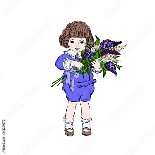 Boy holds bouquet of lilacs. Spring flowers. Child in vintage style from the nineteenth century. Design for greeting card happy birthday, mother's day or international women's day. 