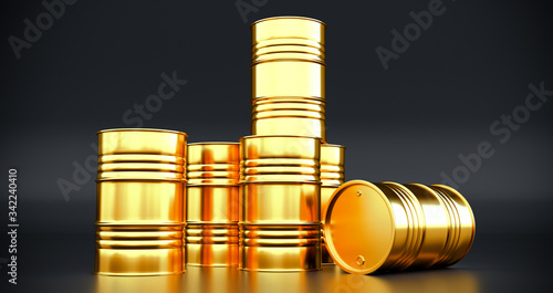 3D rendering of Golden oil barrels isolated on Black background.