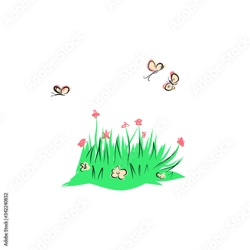 Butterflies fly around grass with wildflowers. 