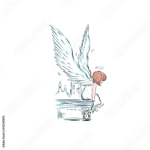 Angel with halo and big wings sitting on the roof. Biblical heavenly symbol. Decor for greeting retro cards for Christmas, Easter and other religious holidays.