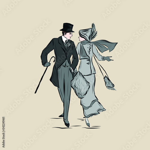 Lady and gentleman on walk. Couple in vintage style from the nineteenth century. 