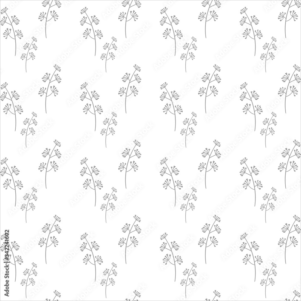 Seamless vector pattern with field plants on a white background. Hand drawn silhouettes and contours of herbs. Background for fabric and other surfaces