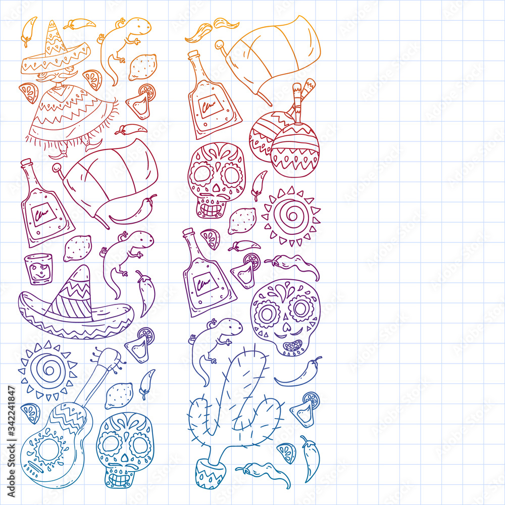 Travel to Mexico. Vector set with ethnic elemets for wallpapers, backgrounds. Day of the Dead Travel to Mexico. Vector set with ethnic elemets for wallpapers, backgrounds. Day of the Dead