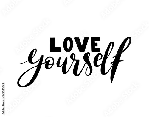 Love yourself - vector quote. Positive motivation quote for poster, card, t-shirt print. Love yourself calligraphy inscription. Vector illustration isolated on white background. photo
