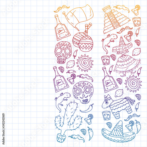 Travel to Mexico. Vector set with ethnic elemets for wallpapers, backgrounds. Day of the Dead