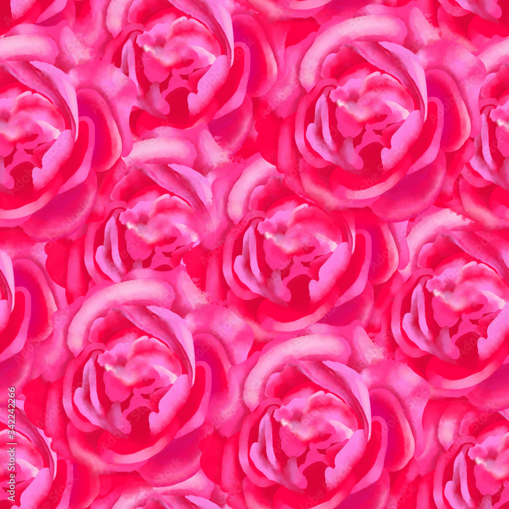Seamless pattern of digital watercolor roses painted in vibrant pink colors