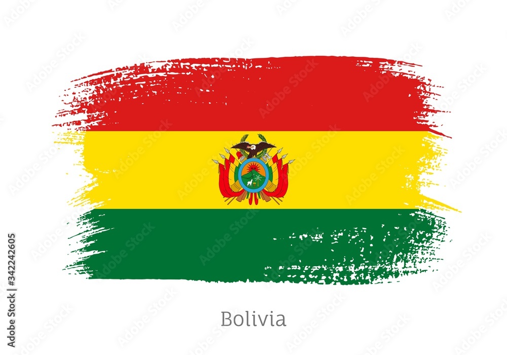 Obraz premium Bolivia republic official flag in shape of paintbrush stroke. Bolivian national identity symbol for patriotic design. Grunge brush blot vector illustration. Bolivia country nationality sign.
