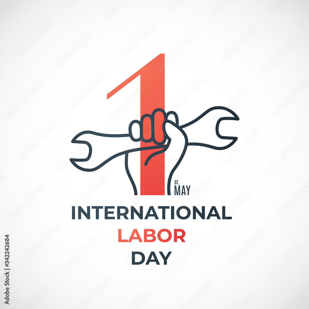 Labor Day concept banner with red number 1 and hand holding wrench. 1st may, Labor Day. Stock vector illustration. Labor Day concept banner with red number 1 and hand holding wrench. 1st may, Labor Day. Stock vector illustration.