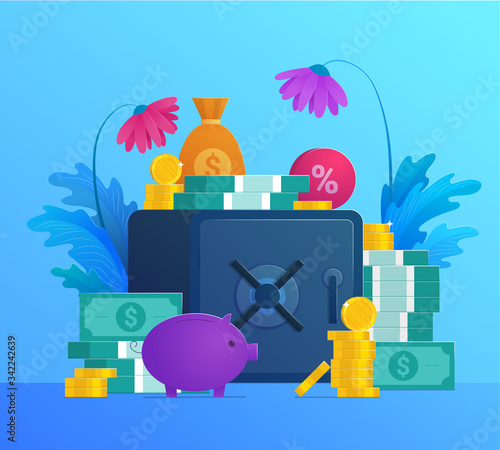 Bank deposit and capital saving banner. Safe box with money, golden coins and dollar banknotes in cartoon style. Wealth and capital investment, retirement savings and insurance vector illustration.