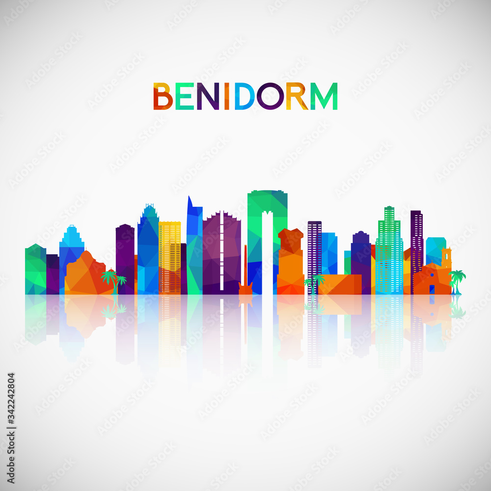 Benidorm skyline silhouette in colorful geometric style. Symbol for your design. Vector illustration.