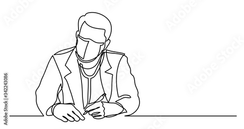 continuous line drawing of doctor in protective mask with stethoscope writing notes © OneLineStock