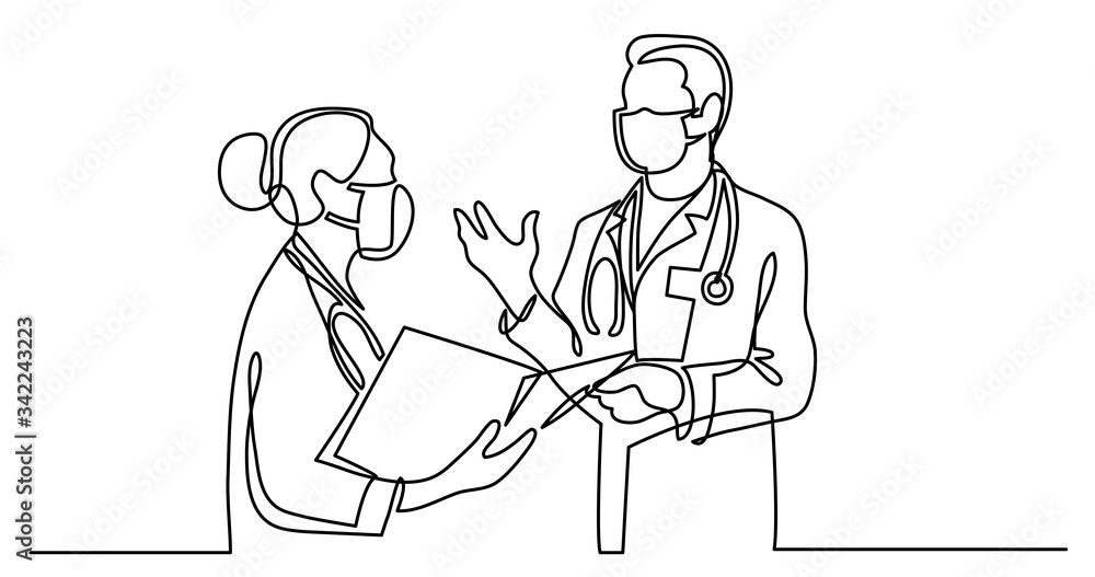continuous line drawing of standing healthcare professionals in protective masks discussing meeting