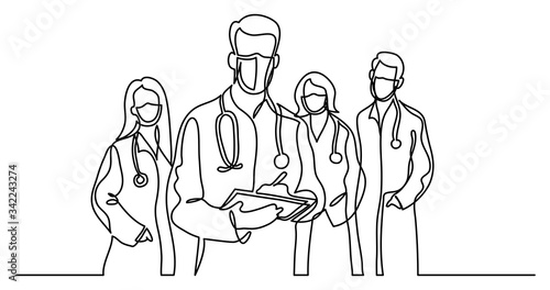continuous line drawing of standing healthcare professionals team in protective masks