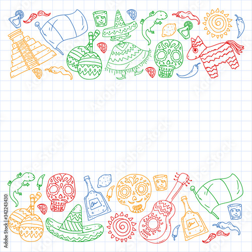Travel to Mexico. Vector set with ethnic elemets for wallpapers, backgrounds. Day of the Dead