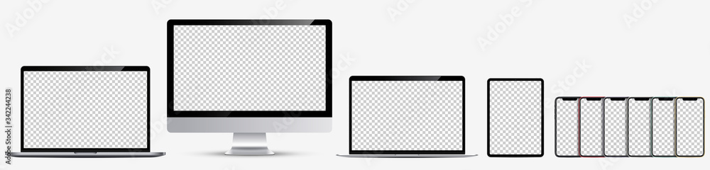 Device screen mockup. Laptop pro and thin, monoblock, tablet, and smartphone all color with blank screens for you design. Realistic vector illustration. Device screen mockup. Laptop pro and thin, monoblock, tablet, and smartphone all color with blank screens for you design. Realistic vector illustration.
