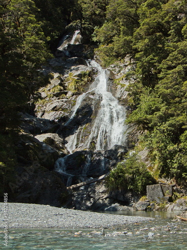 Fantail Falls at Haast River in West Coast on South Island of New Zealand 