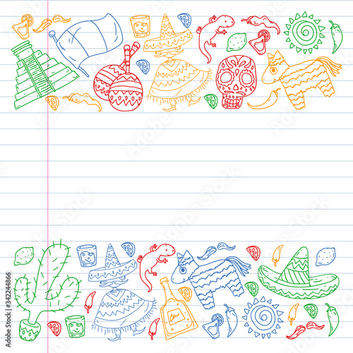 Travel to Mexico. Vector set with ethnic elemets for wallpapers, backgrounds. Day of the Dead