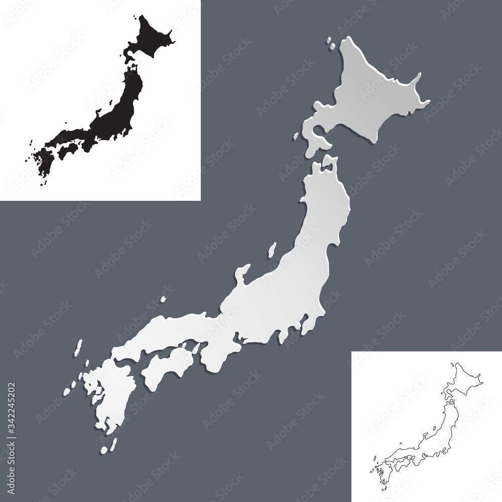 Vector map Japan in paper cut style. Outline Japan map. Isolated vector Illustration.