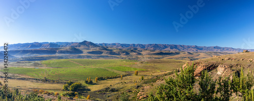 Panoramic landscape of the Lesotho highland mountains in distance