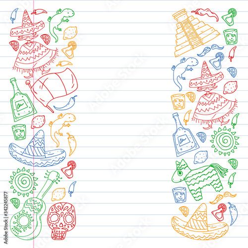Travel to Mexico. Vector set with ethnic elemets for wallpapers, backgrounds. Day of the Dead