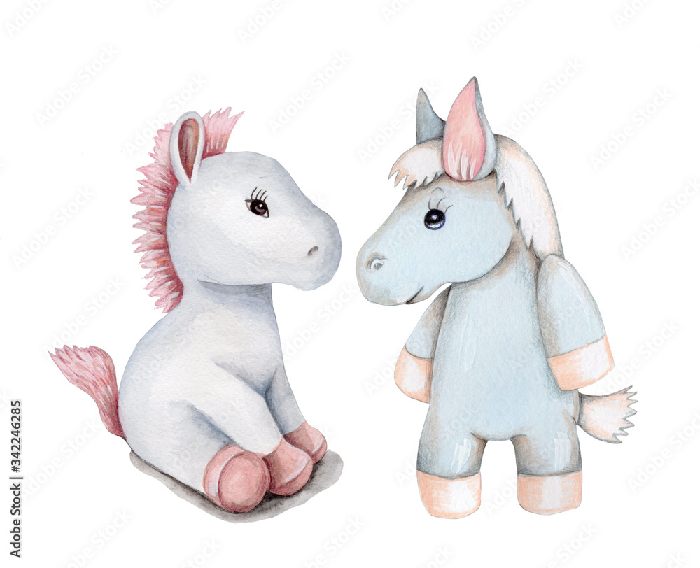 Watercolor illustration of two cute cartoon ponies sitting. Hand drawn, isolated. Watercolor illustration of two cute cartoon ponies sitting. Hand drawn, isolated.