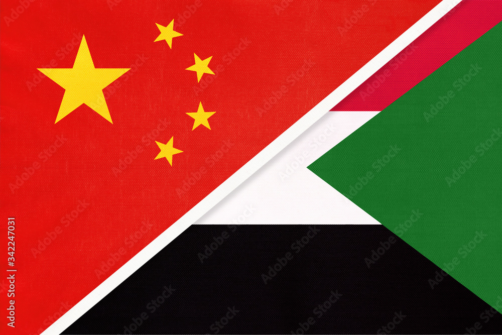 China or PRC vs Sudan national flag from textile. Relationship between Asian and African countries. China or PRC vs Sudan national flag from textile. Relationship between Asian and African countries.