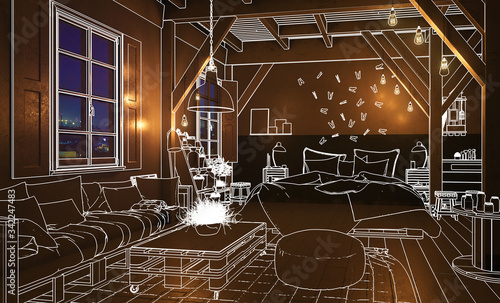 Truss Loft Bedroom with Pallet Furniture by Night (draft) - 3d visualization