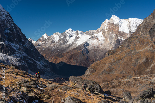 Trekking trail to Mera peak base camp surrounded by Himalaya mountains range in Nepal