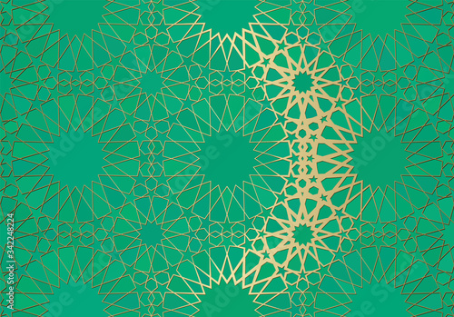Abstract background with islamic ornament, arabic geometric texture. Golden lined tiled motif.