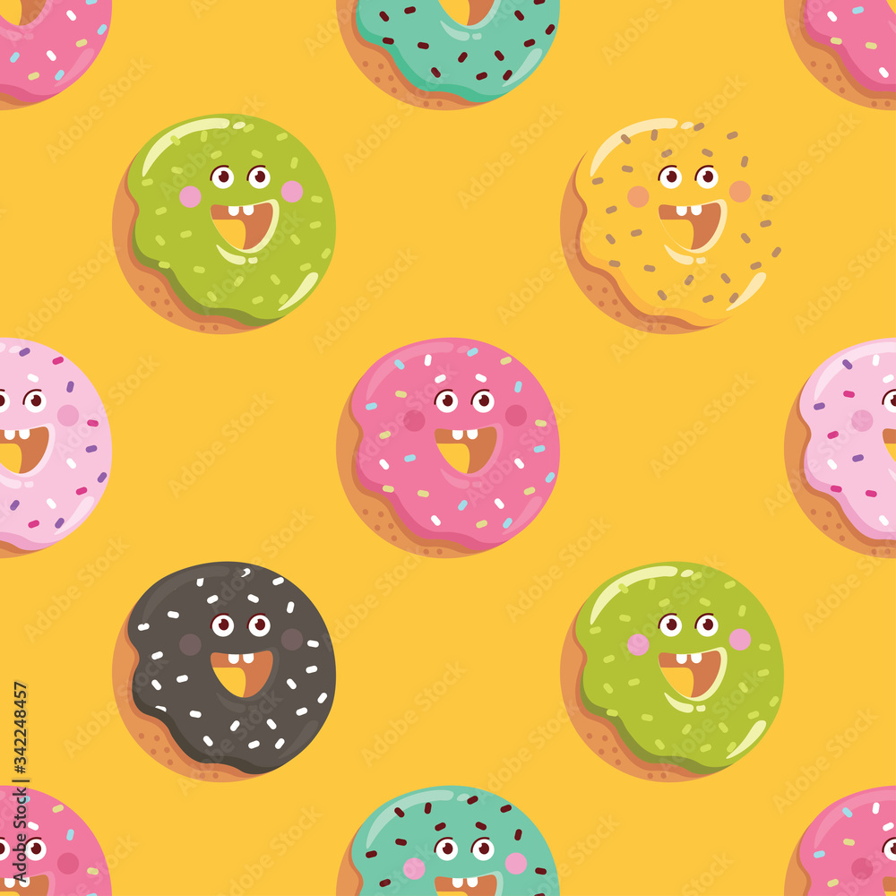 Happy donut on yellow background. Funny pattern. Happy donut on yellow background. Funny pattern.