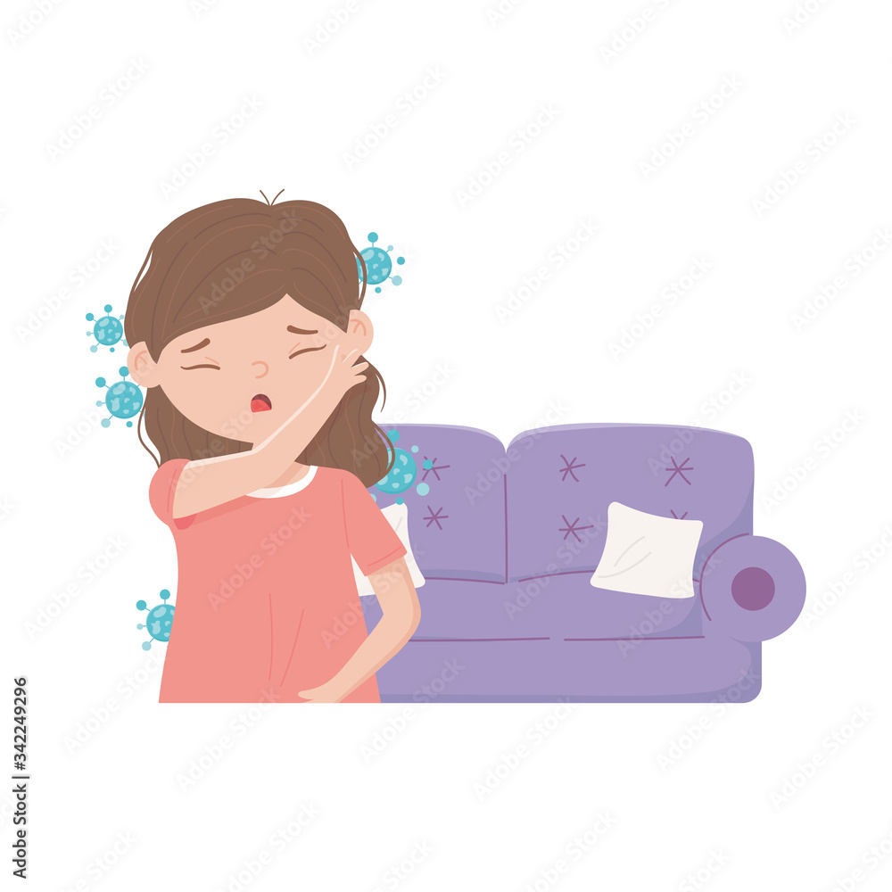 covid 19 quarantine, coughing woman patient in living room covid 19 quarantine, coughing woman patient in living room