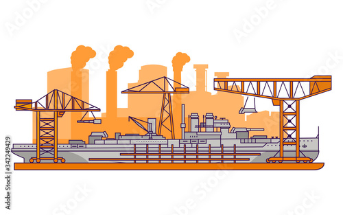 Military shipyard factory.Warship flat line art vector.Battleship with an artillery tower with guns.