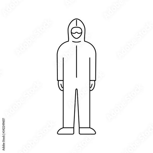 Protective suit line icon. Medical personal safety equipment. Hazmat PPE suit. Corona virus precaution. Disposable workwear outline. Black on white background. Vector illustration, flat style,clip art