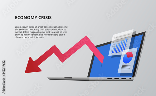 Bearish down economy with red arrow and device open laptop 3D perspective isometric. infographic data visualization