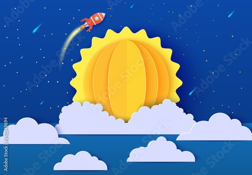 Red rocket launch in space in paper cut style. Galaxy universe landscape 3d craft background. Cardboard cutout spacecraft shuttle fly around Sun planet. Vector card for educational kids poster.