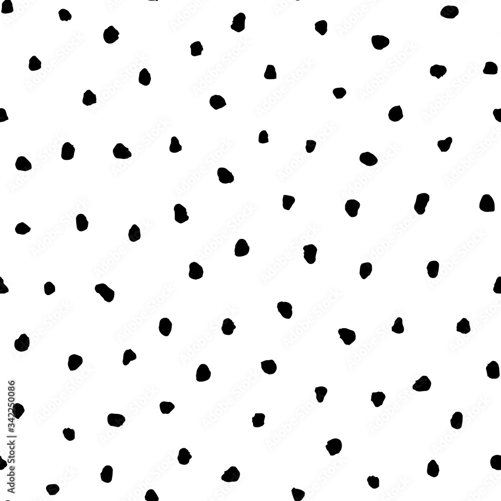 Black grunge irregular polka dots vector seamless pattern on white background.