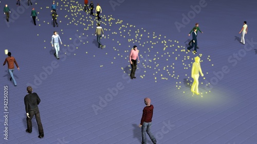 Person spreading virus among population . Infected human spreads germs , disease. Superspreader . Glowing particles indicating viral contagion spreading . Pandemic theme. 3d rendering illustration