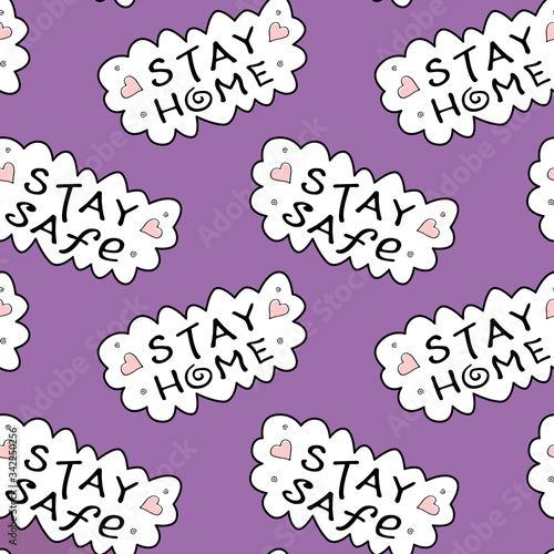 Stay home, stay safe - hand vector lettering on theme of quarantine, self protection times and coronavirus prevention in hand drawn style. Seamless pattern for social media, sites, flyers, web