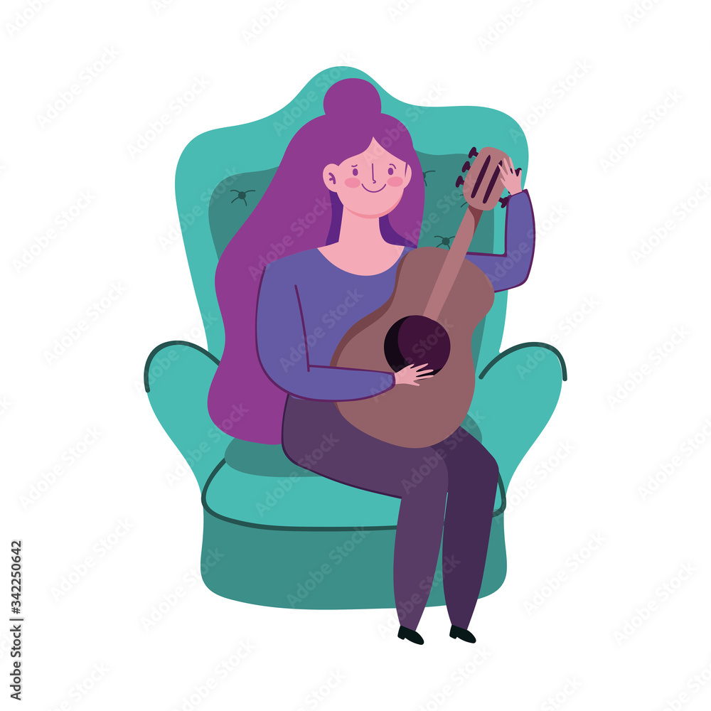 woman sitting with guitar isolated icon on white background woman sitting with guitar isolated icon on white background