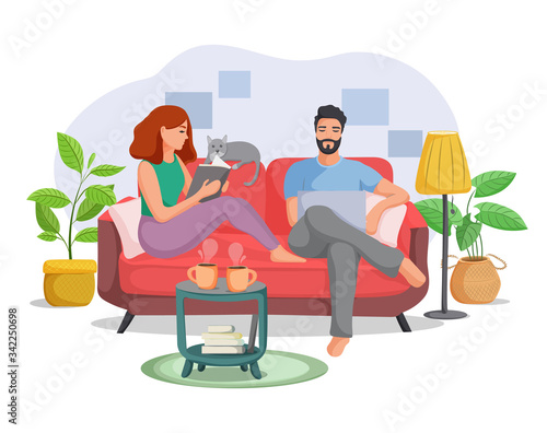Young man and woman are sitting on the couch. Daily family life, common rest, spending time. Flat vector illustration.
