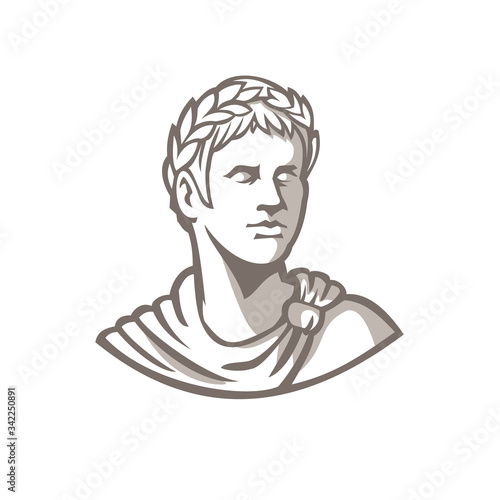 Mascot icon illustration of bust of an ancient Roman emperor, senator or Caesar, ruler of the Roman Empire during the imperial period wearing crown of laurel leaves on isolated background retro style. photo