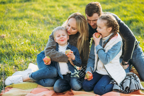 Family picnic with apples on the green grass.