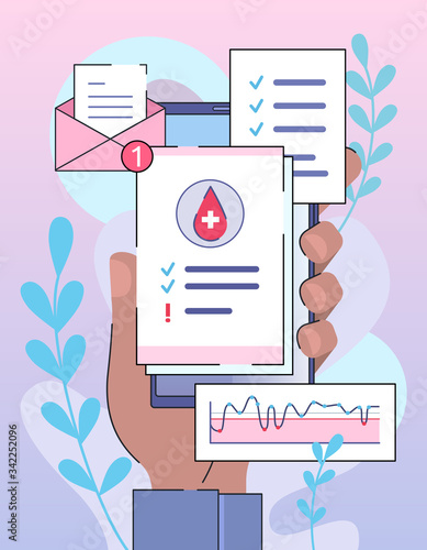 Patient gets medical exam results by email. Medical diagnosis on smartphone screen. Hand holds mobile with icon of message envelope and blood test tubes. Online diagnosis - flat vector illustration