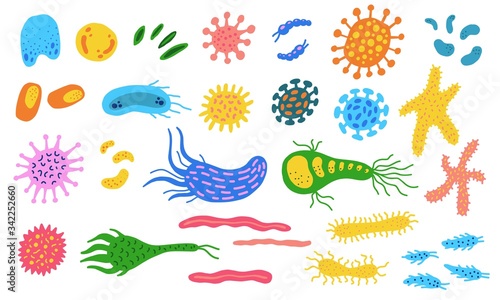 Microorganism  bacteria  virus cell doodle set. Colorful bright germs   microscopic organisms collection